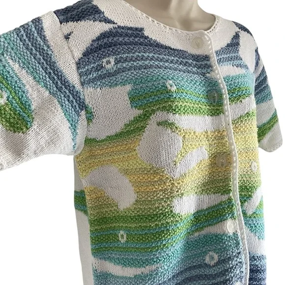 Susan Bristol Hand Knit Fish Cardigan S Coastal Beach Short Sleeve - Picture 5 of 8
